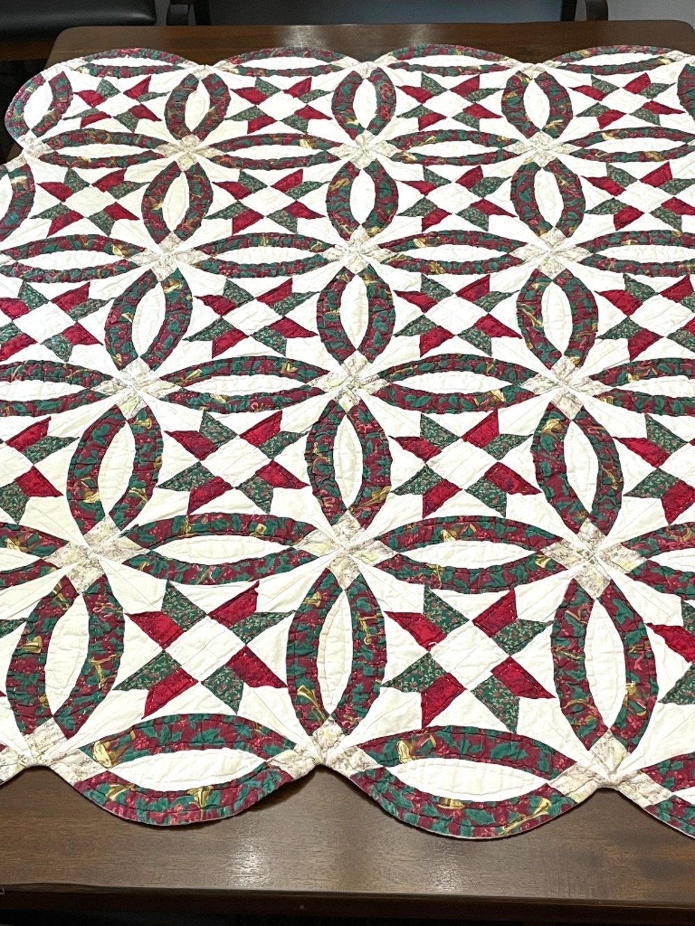Handmade Double Wedding Ring Country Star Red Green Cream Lap Quilt Wall Hanging